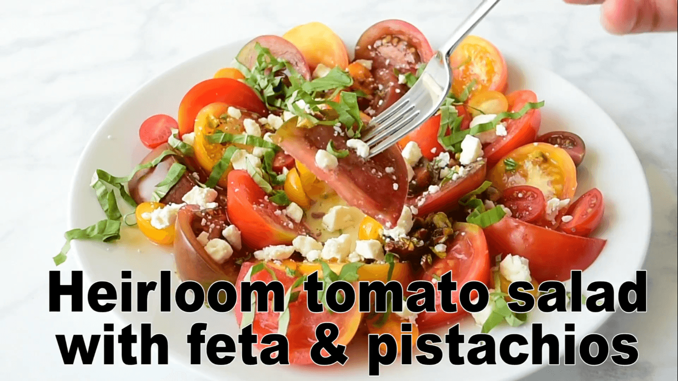 Heirloom tomato salad with feta and pistachios